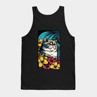 Exotic Shorthair Cat Vibrant Tropical Flower Tall Retro Vintage Digital Pop Art Portrait Tank Top